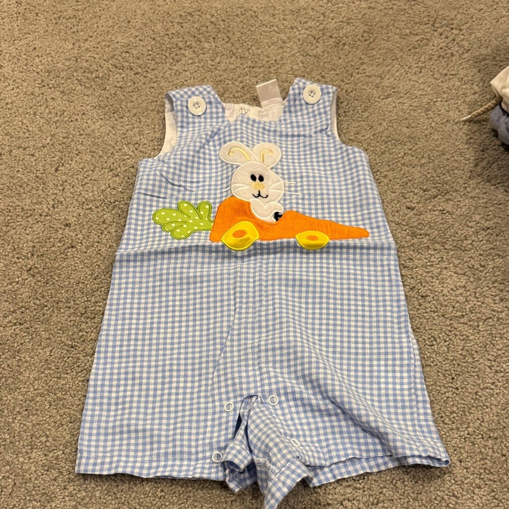 Blue Gingham Bunny & Carrot Romper for Kids